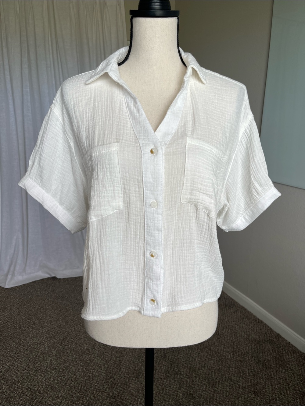 White 100% Cotton Gauze Cropped Button Up Shirt Relaxed Boho Beachy Large